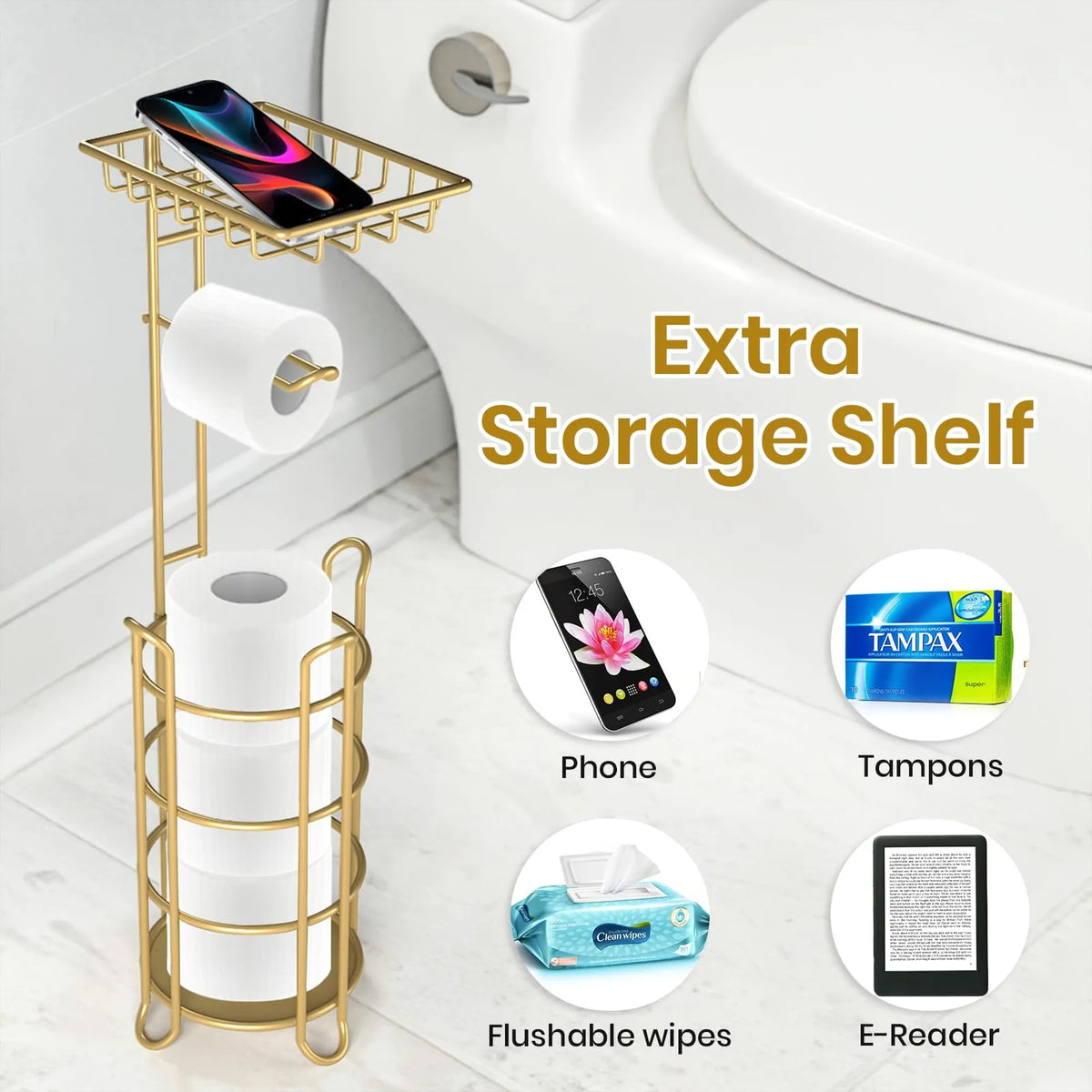 Freestanding Iron Bathroom Tissue Holder Stand With Storage Shelf