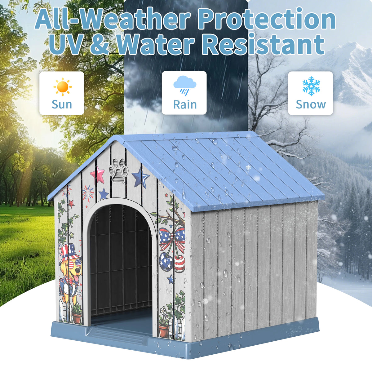 Outdoor Plastic Dog House Weatherproof Pet Shelter With Printed Door