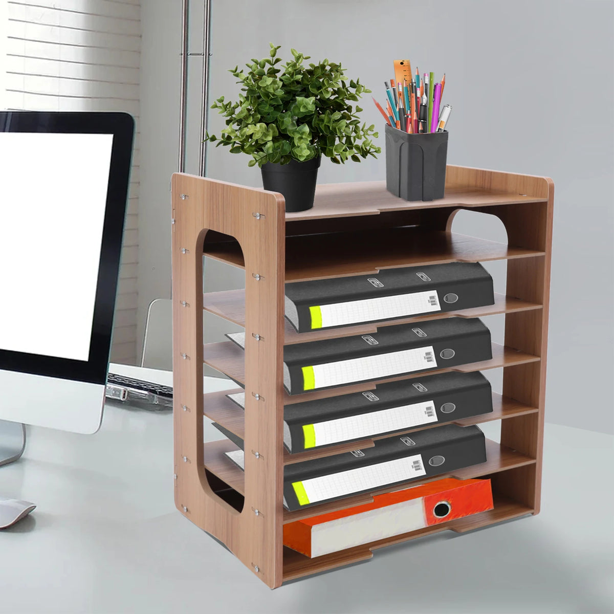 7 Tier Wooden Office Paper Organizer Desk File Sorter Rack