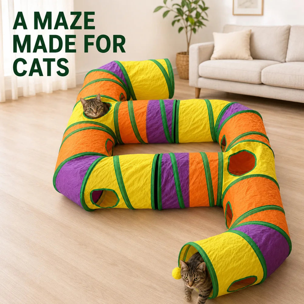 Foldable Cat Tunnel Play Maze For Indoor Kittens Peek Holes
