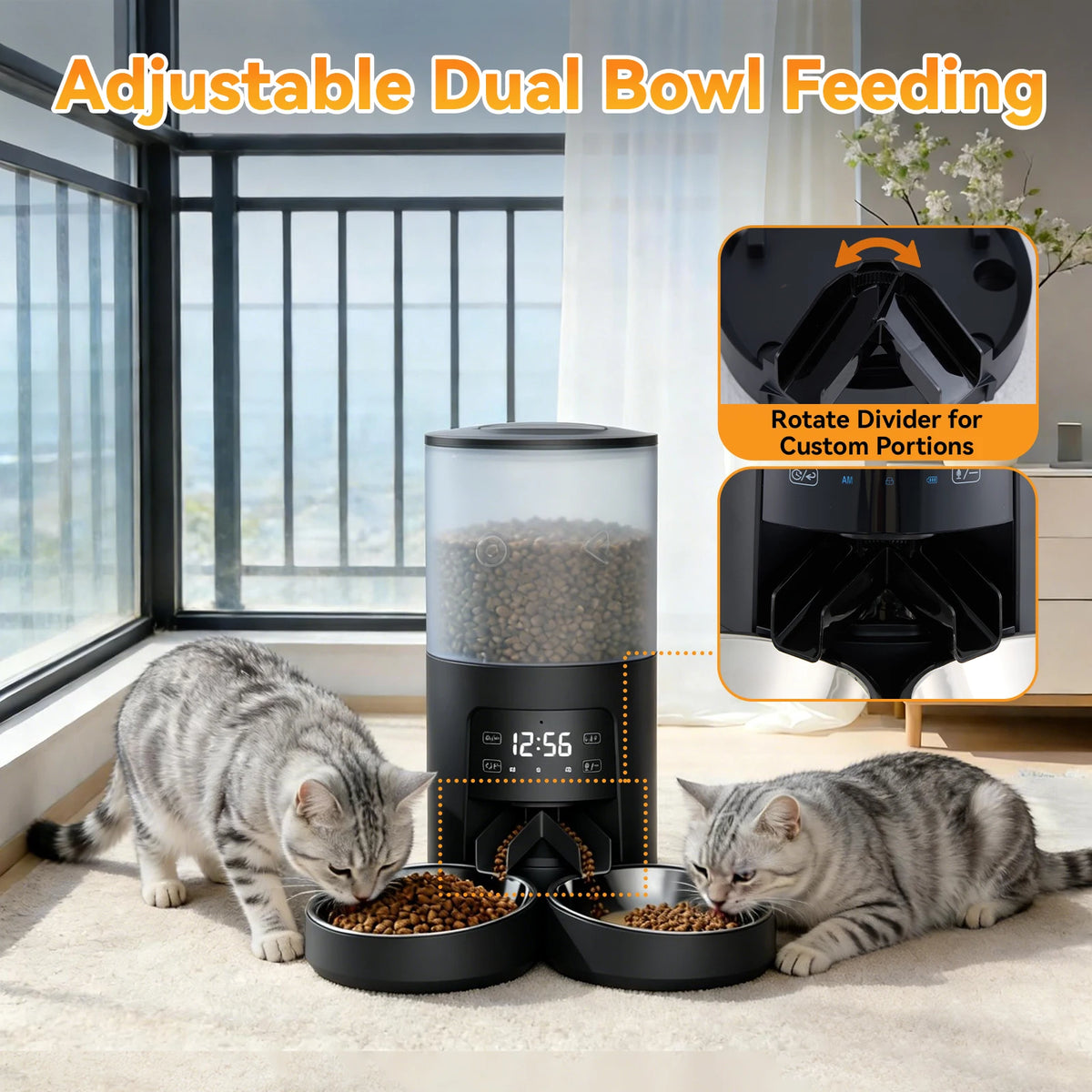 Automatic Cat Feeder With Stainless Bowls Timed Dual Power Supply
