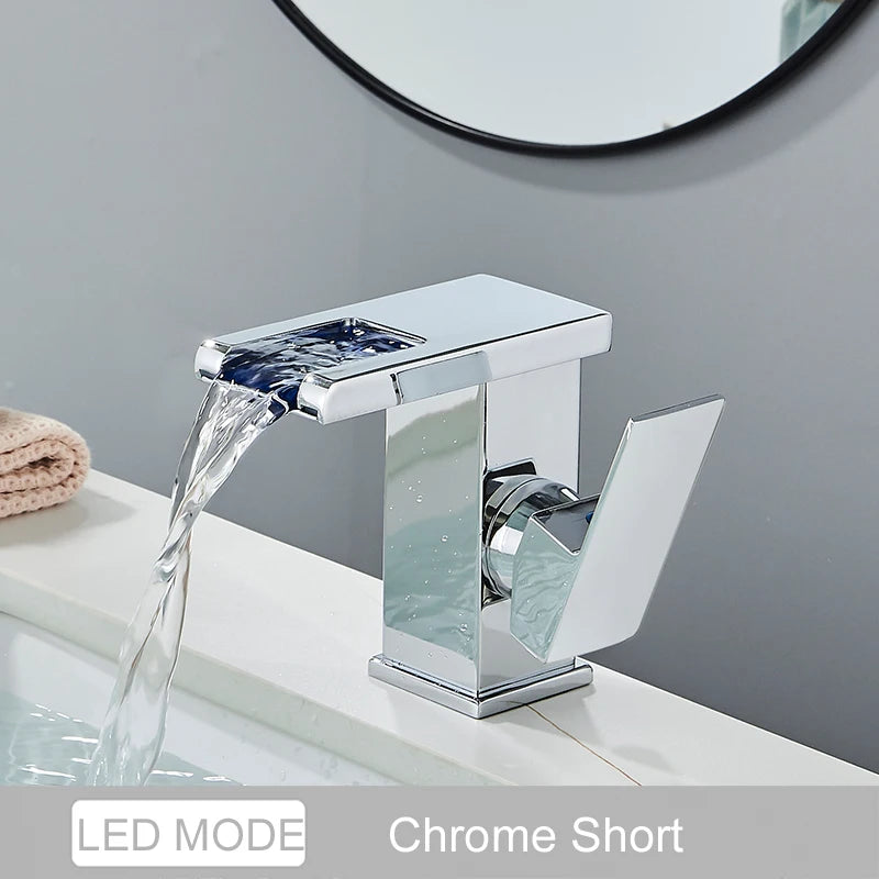 MYQualife LED Waterfall Basin Faucet Deck Mounted Sink Mixer
