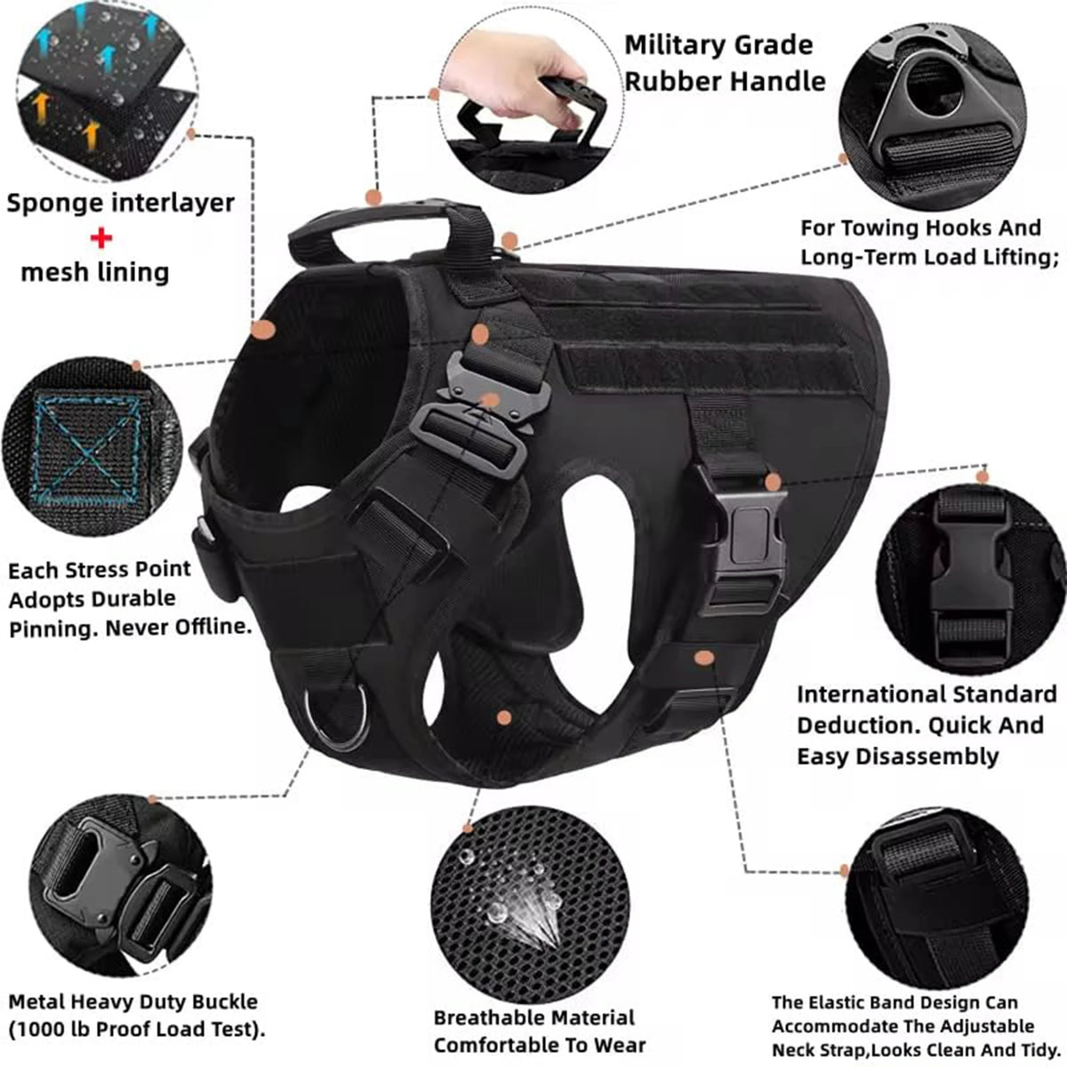 Tactical Nylon Molle Dog Harness Vest With Padded Quick Release