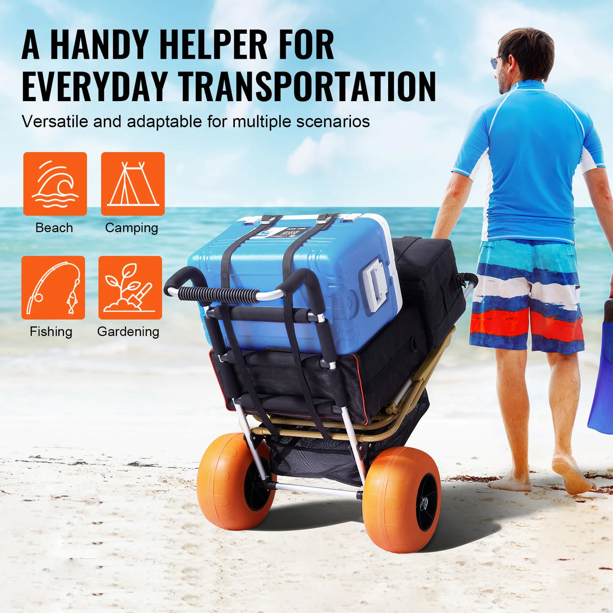 SucceBuy Folding Beach Cart With Big Wheels And Adjustable Height
