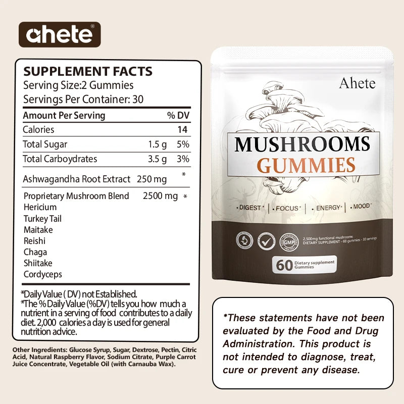 Ahete Seven Mushroom Gummies With Turkey Tail Reishi And Ashwagandha