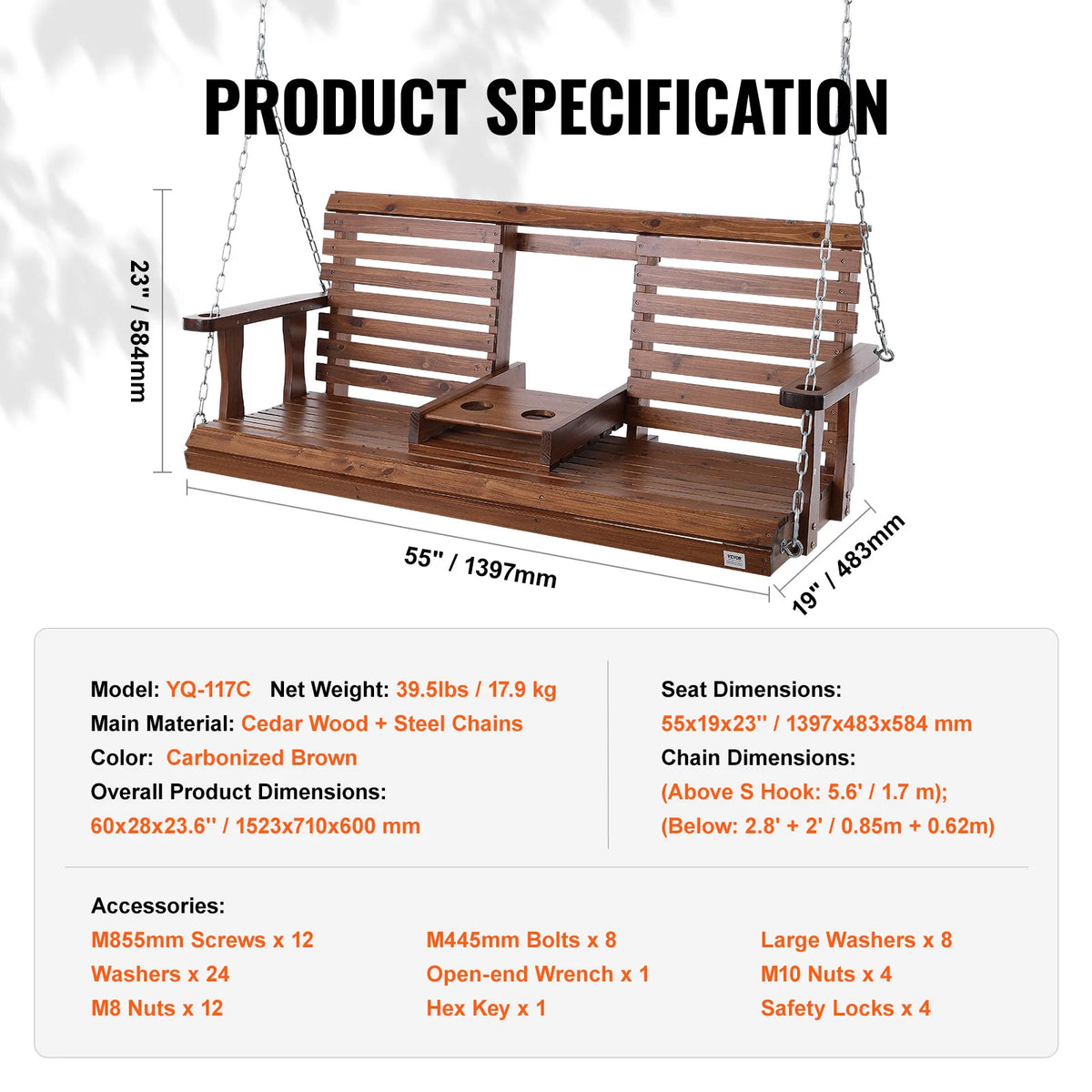SucceBuy Cedar Wood Porch Swing Bench with Steel Chains