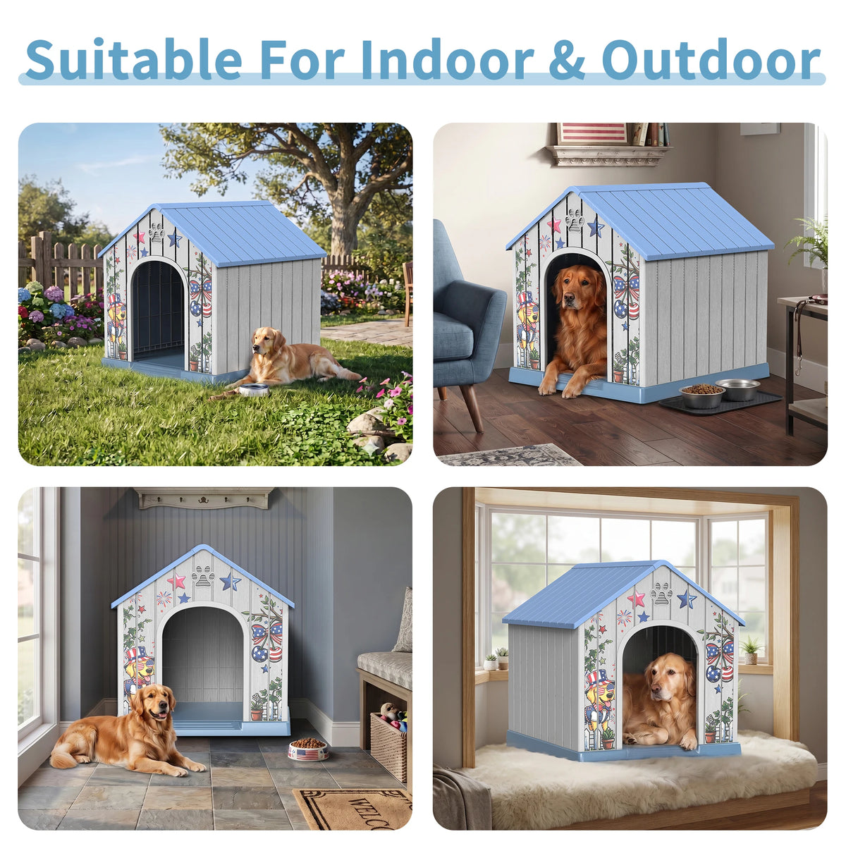 Outdoor Plastic Dog House Weatherproof Pet Shelter With Printed Door