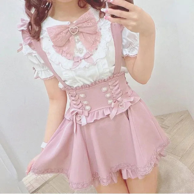Japanese Gothic Lolita A-Line Lace Suspenders Skirt For Girls