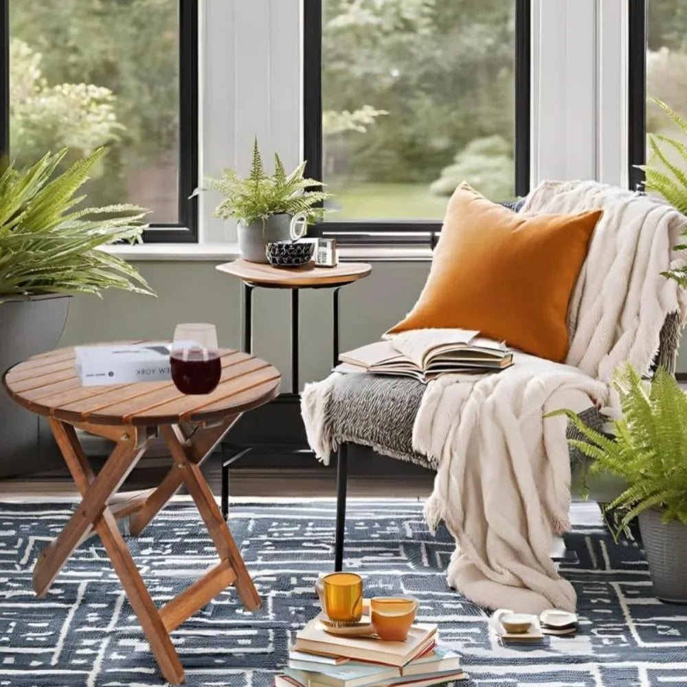 Xiuwo Folding Round Patio Side Table With Wood Metal Frame