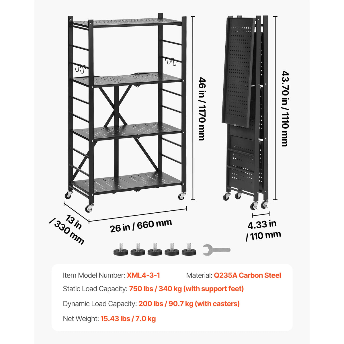SucceBuy Foldable Metal Storage Shelving Rack With Wheels