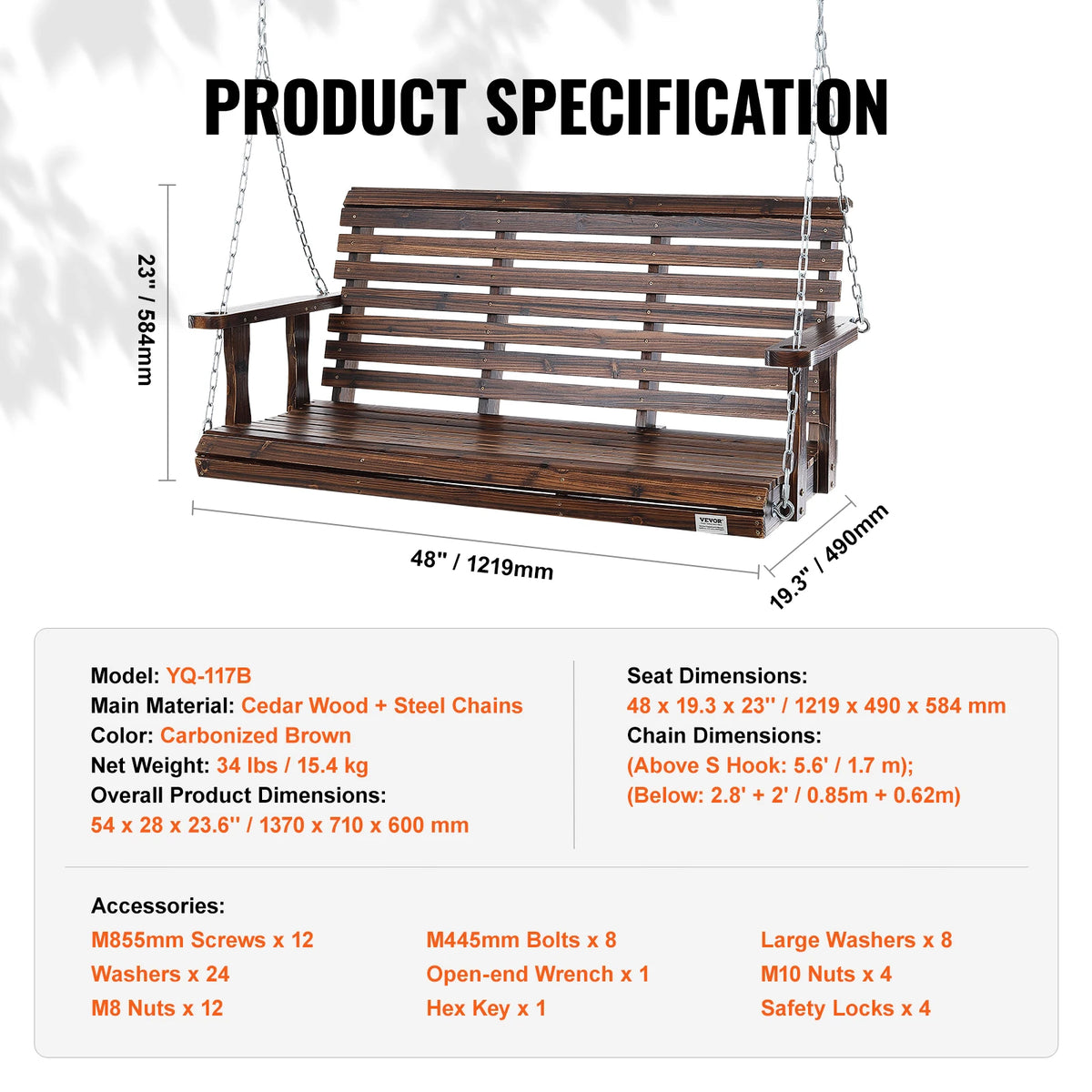 SucceBuy Cedar Wood Porch Swing Bench with Steel Chains