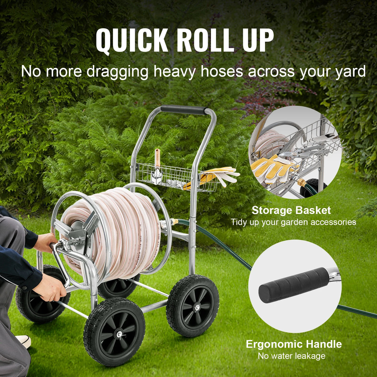 SucceBuy Heavy Duty Steel Garden Hose Reel Cart With Storage Basket
