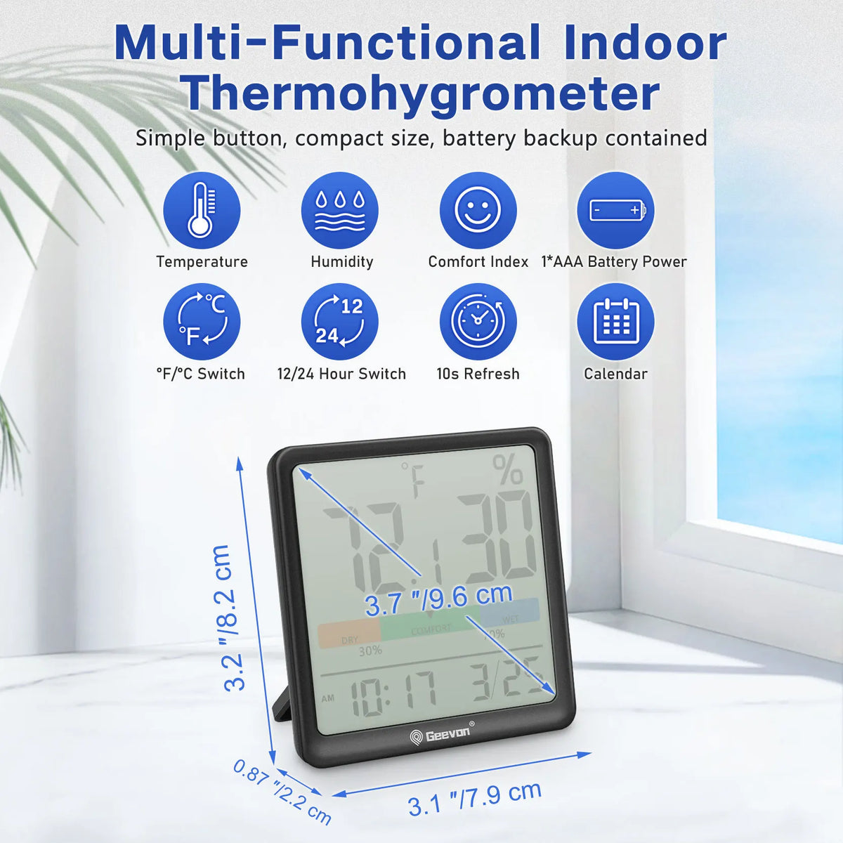 Geevon Digital Indoor Thermometer Hygrometer With Clock And Humidity Monitor