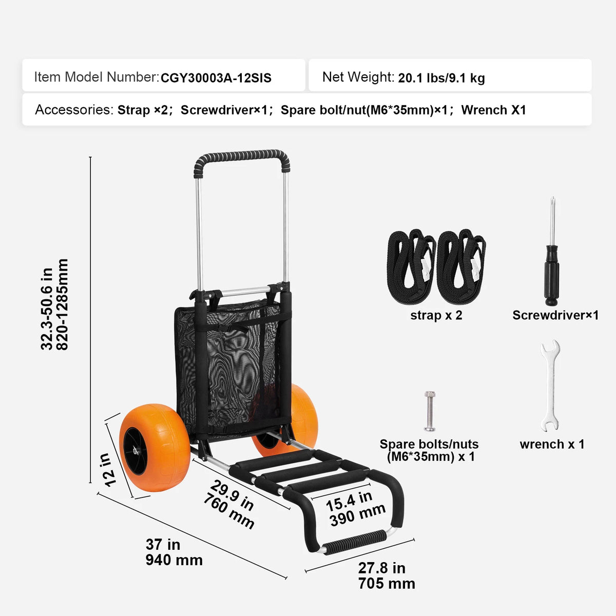 SucceBuy Folding Beach Cart With Big Wheels And Adjustable Height