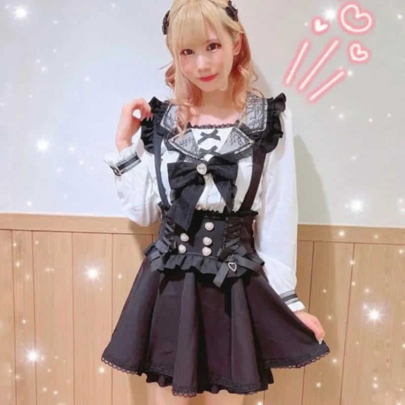 Japanese Gothic Lolita A-Line Lace Suspenders Skirt For Girls