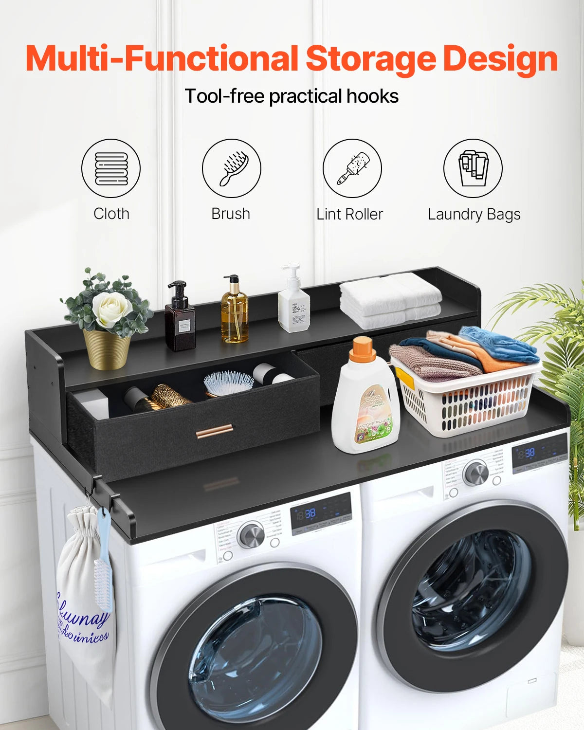 washer dryer countertop with storage shelf