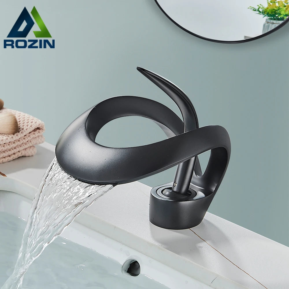 Rozin Modern Waterfall Basin Faucet Deck Mount Hot Cold Mixer