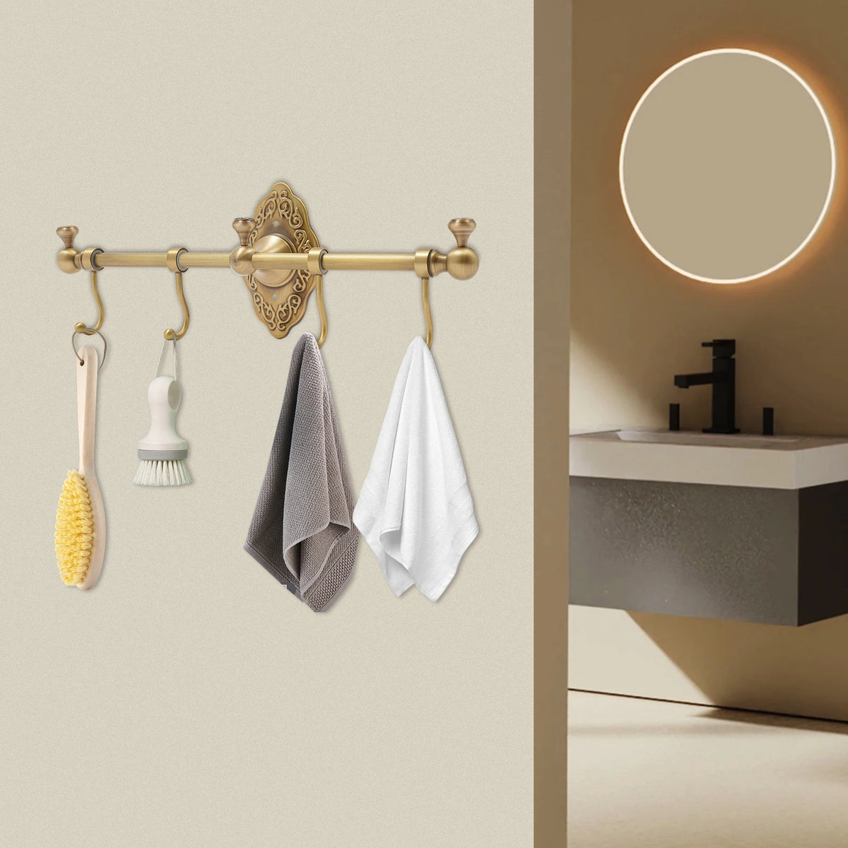 Wall Mounted Brass Towel Rack With Multiple Storage Hooks