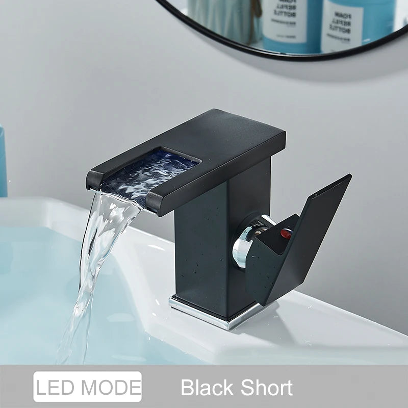 MYQualife LED Waterfall Basin Faucet Deck Mounted Sink Mixer