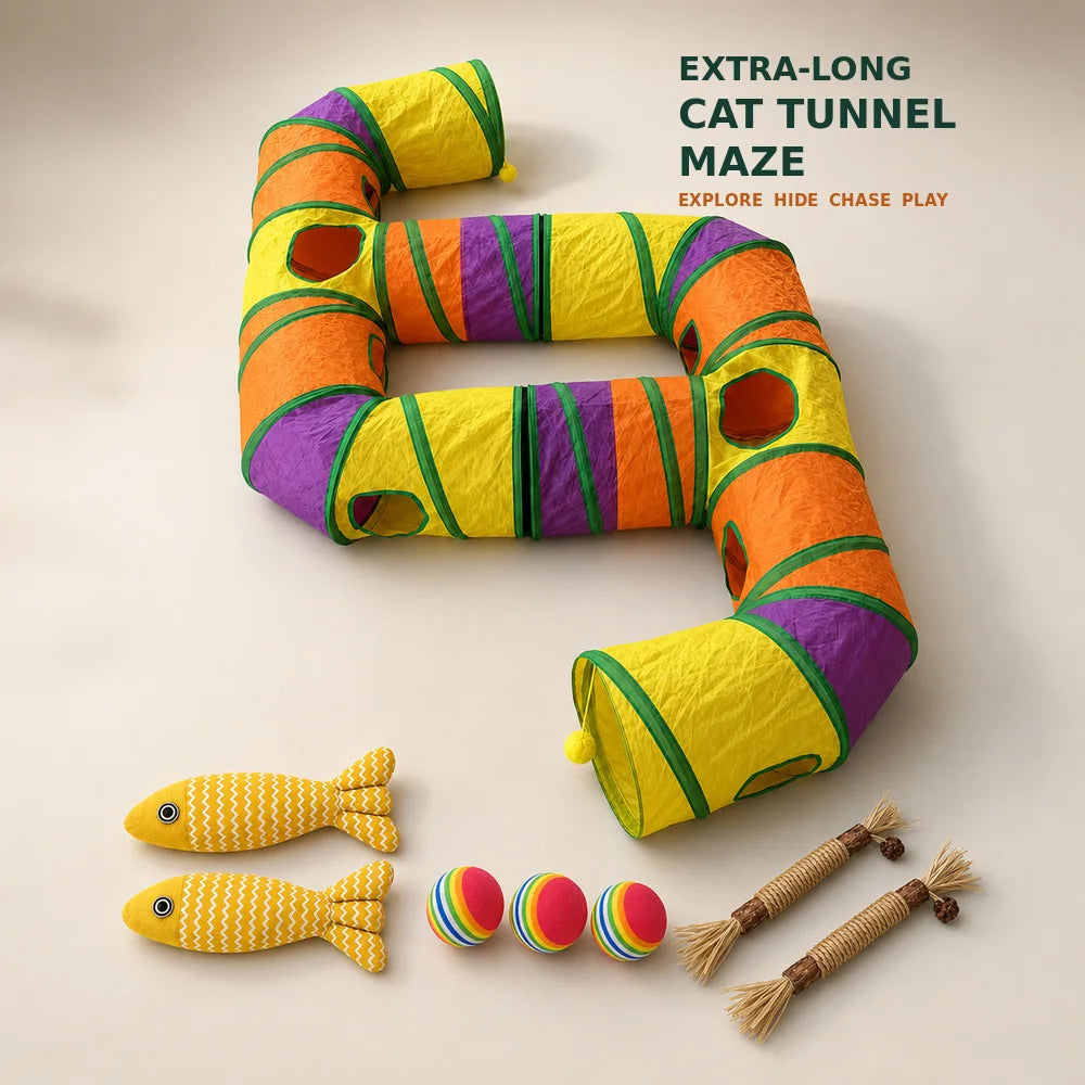 Foldable Cat Tunnel Play Maze For Indoor Kittens Peek Holes