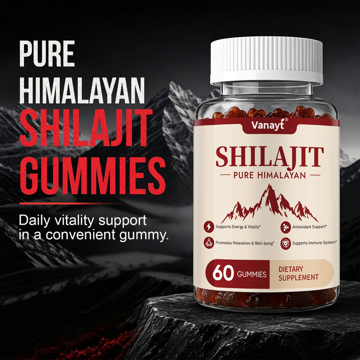 Vanayt Pure Himalayan Shilajit Gummies With Ashwagandha Ginger Supplement