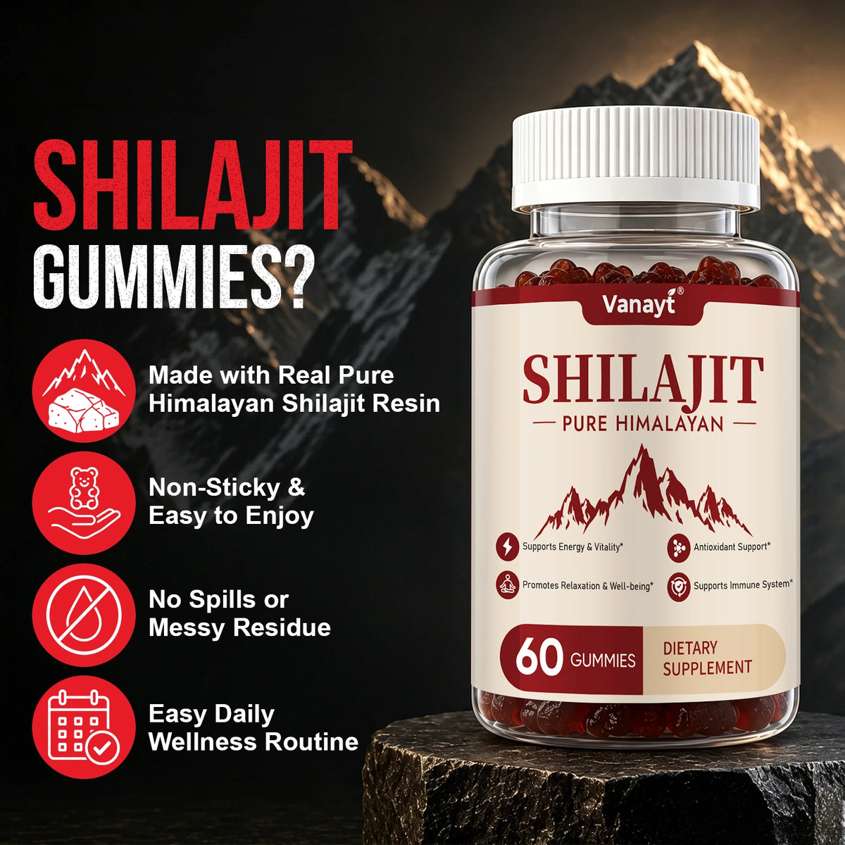 Vanayt Pure Himalayan Shilajit Gummies With Ashwagandha Ginger Supplement