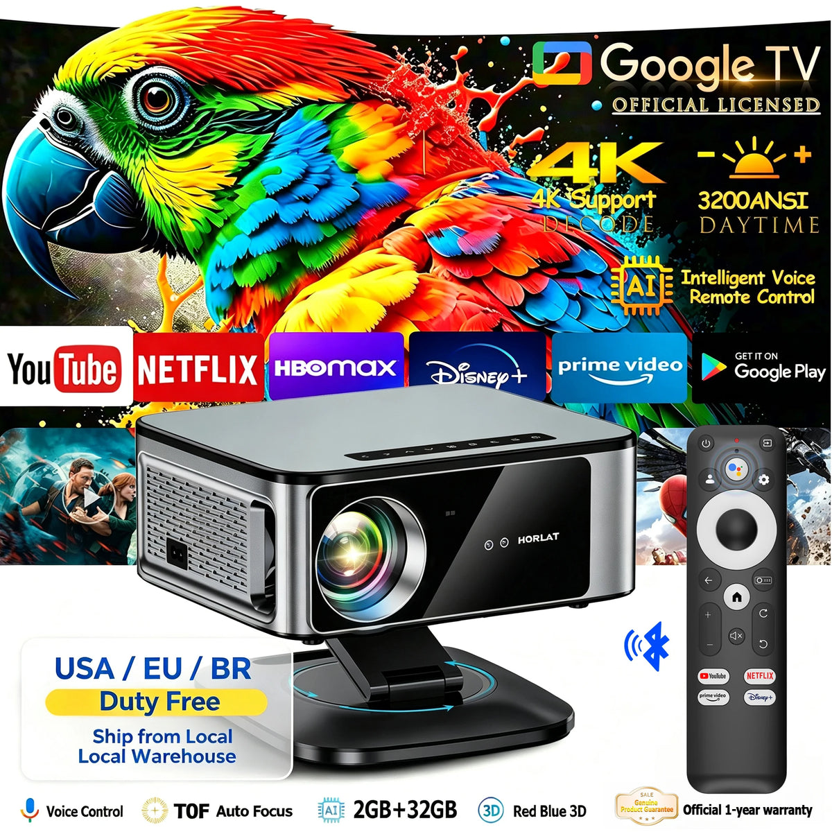 Horlat Android Projector 4K Full HD 3200 Ansi Lumens Wifi