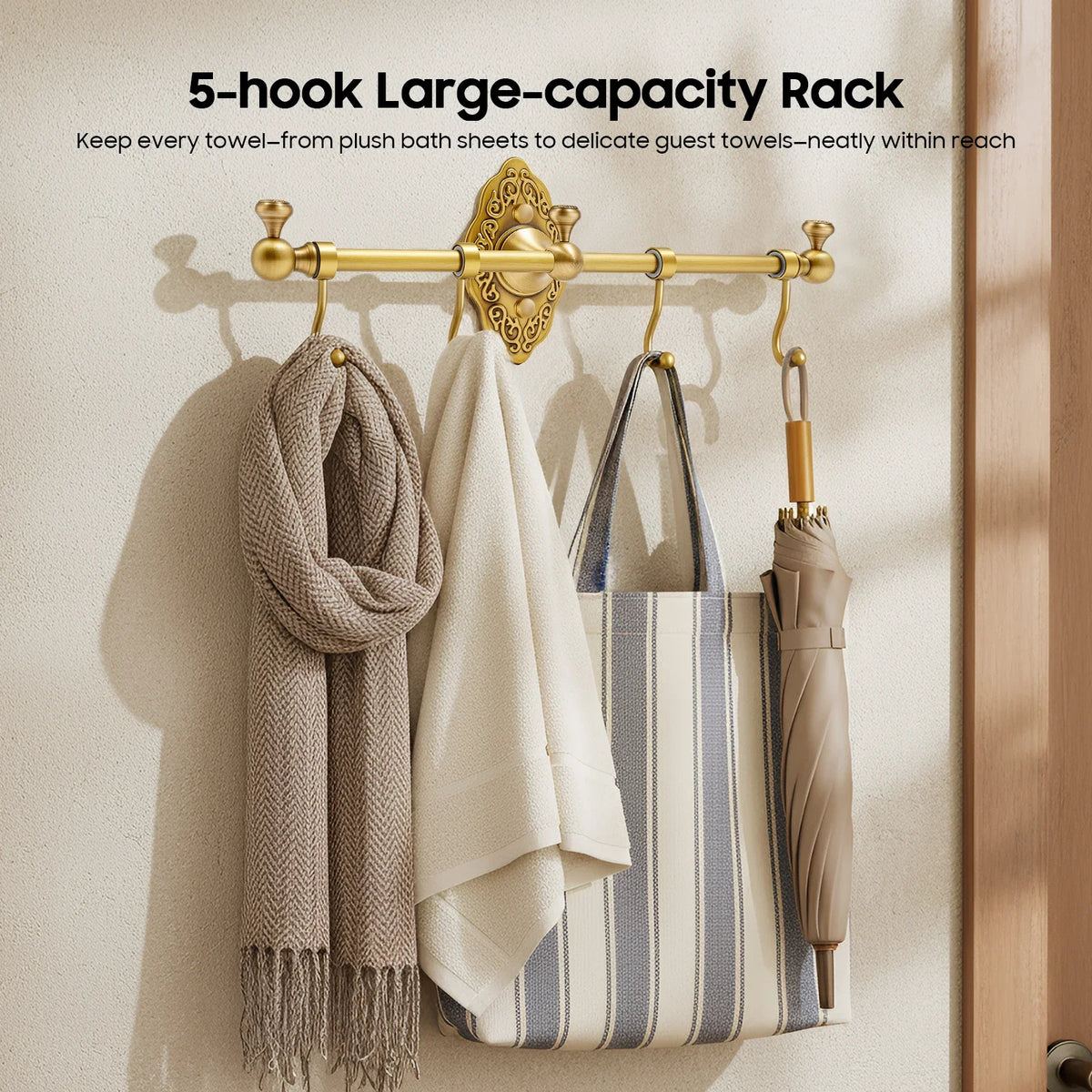 Wall Mounted Brass Towel Rack With Multiple Storage Hooks