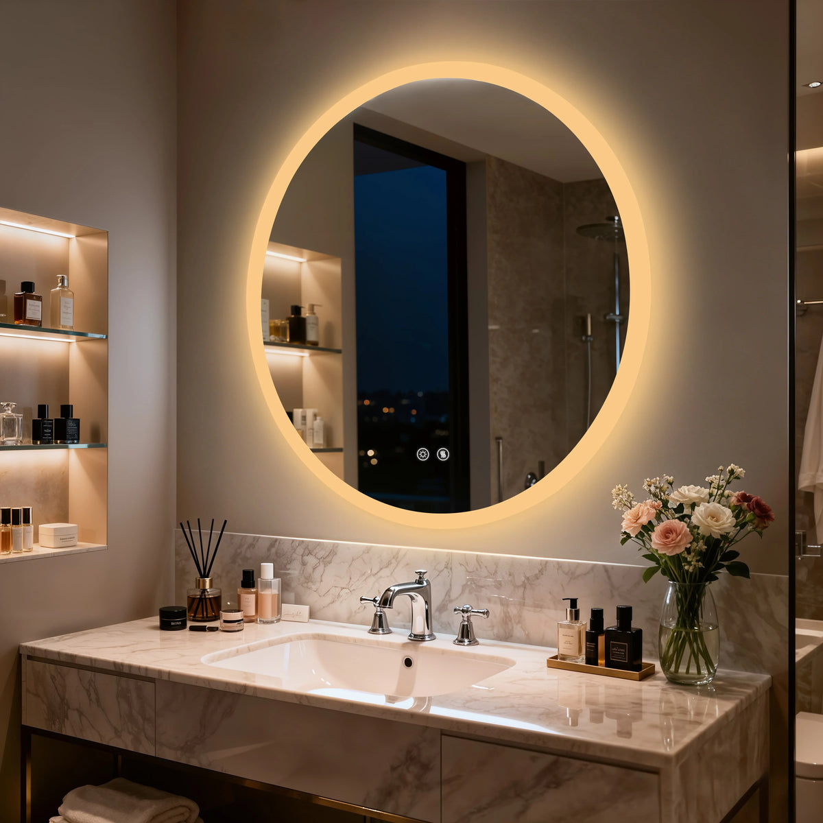dimmable round LED bathroom mirror
