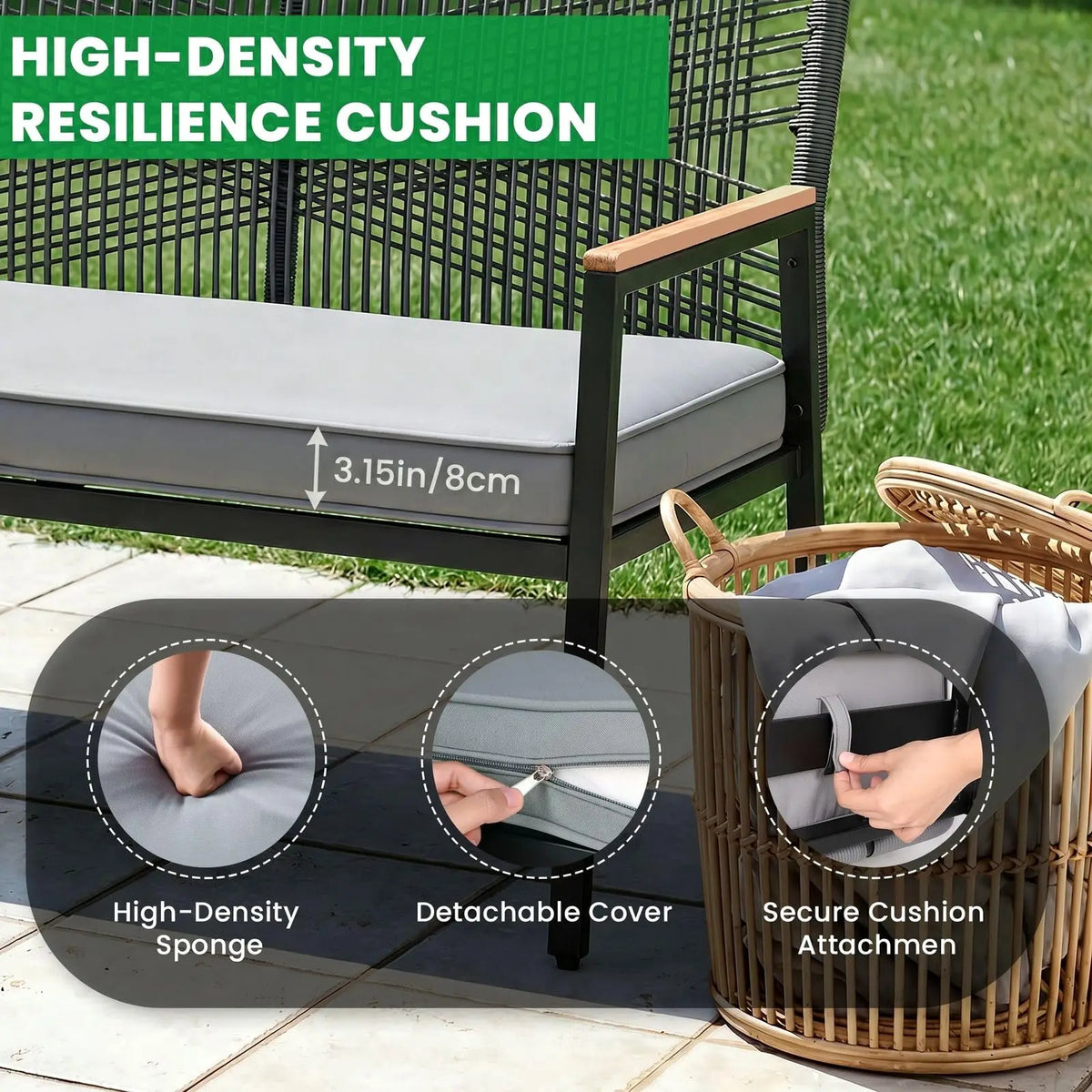 Modern Rattan Patio Loveseat With Metal Frame And Cushions