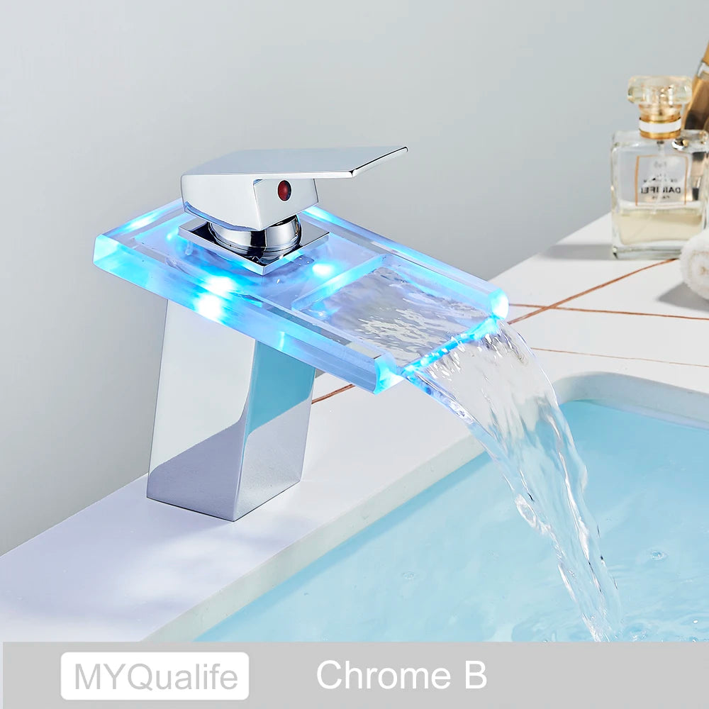 MYQualife LED Waterfall Basin Faucet Deck Mounted Sink Mixer