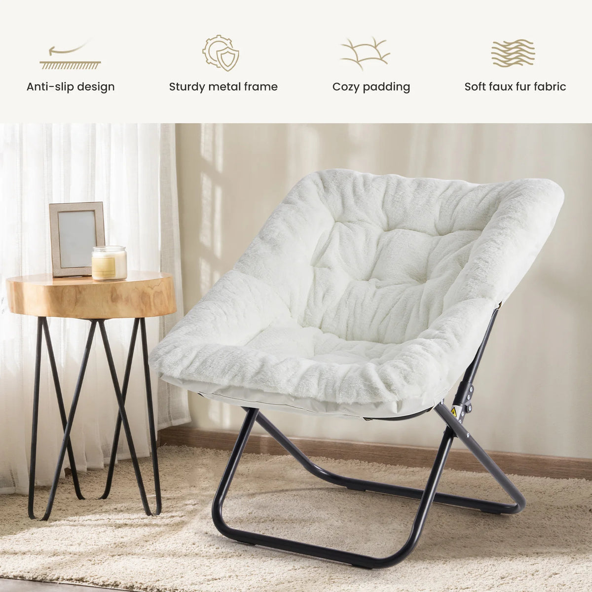 JHK Cozy Faux Fur Folding Saucer Chair With Padded Seat