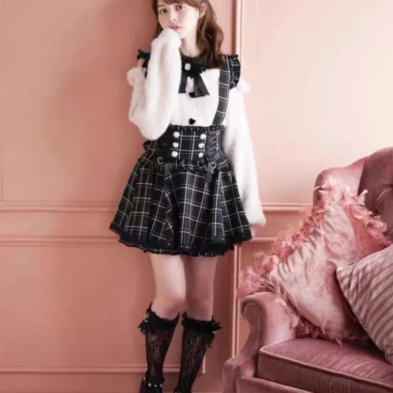 Japanese Gothic Lolita A-Line Lace Suspenders Skirt For Girls
