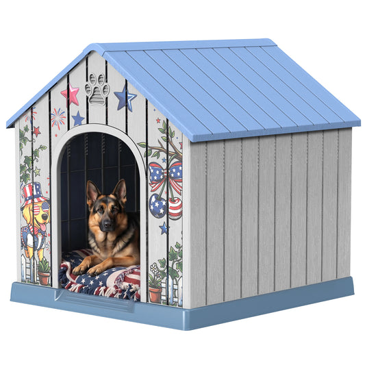 Outdoor Plastic Dog House Weatherproof Pet Shelter With Printed Door